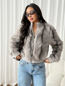 SHEIN PETITE Mantel Bulu Imitasi Abu-abu Muda yang Elegan untuk Wanita Bertubuh Mungil - Sempurna untuk Bepergian. - Light Grey - View 7