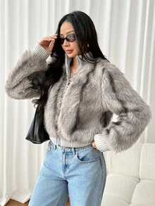 SHEIN PETITE Mantel Bulu Imitasi Abu-abu Muda yang Elegan untuk Wanita Bertubuh Mungil - Sempurna untuk Bepergian. - Light Grey - View 11