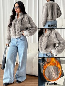SHEIN PETITE Mantel Bulu Imitasi Abu-abu Muda yang Elegan untuk Wanita Bertubuh Mungil - Sempurna untuk Bepergian. - Light Grey - View 3