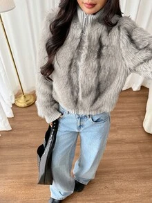 SHEIN PETITE Mantel Bulu Imitasi Abu-abu Muda yang Elegan untuk Wanita Bertubuh Mungil - Sempurna untuk Bepergian. - Light Grey - View 10