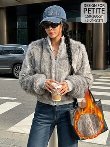 SHEIN PETITE Mantel Bulu Imitasi Abu-abu Muda yang Elegan untuk Wanita Bertubuh Mungil - Sempurna untuk Bepergian. - Light Grey - View 5