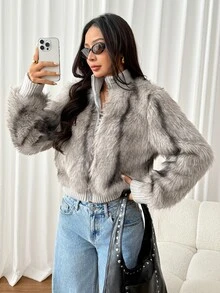 SHEIN PETITE Mantel Bulu Imitasi Abu-abu Muda yang Elegan untuk Wanita Bertubuh Mungil - Sempurna untuk Bepergian. - Light Grey - View 9
