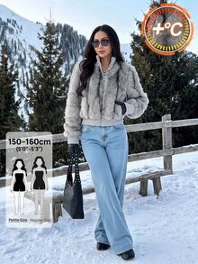 SHEIN PETITE Mantel Bulu Imitasi Abu-abu Muda yang Elegan untuk Wanita Bertubuh Mungil - Sempurna untuk Bepergian. - Light Grey - View 6