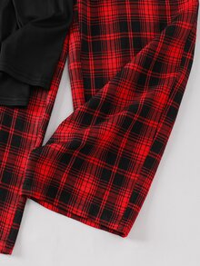 SHEIN 青少年男孩都市休閒字母印花長袖T恤與直筒紅黑格紋長褲睡衣套裝，聖誕睡衣，萬聖節 - 黑色 - 查看 6