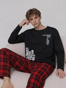 SHEIN 青少年男孩都市休閒字母印花長袖T恤與直筒紅黑格紋長褲睡衣套裝，聖誕睡衣，萬聖節 - 黑色 - 查看 8