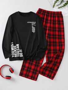SHEIN 青少年男孩都市休閒字母印花長袖T恤與直筒紅黑格紋長褲睡衣套裝，聖誕睡衣，萬聖節 - 黑色 - 查看 2