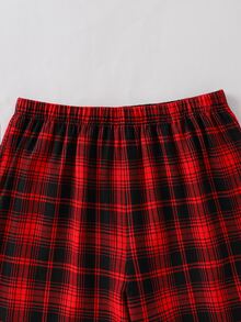 SHEIN 青少年男孩都市休閒字母印花長袖T恤與直筒紅黑格紋長褲睡衣套裝，聖誕睡衣，萬聖節 - 黑色 - 查看 7