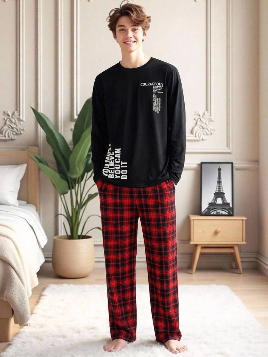 SHEIN 青少年男孩都市休閒字母印花長袖T恤與直筒紅黑格紋長褲睡衣套裝，聖誕睡衣，萬聖節 - 黑色 - 查看 1