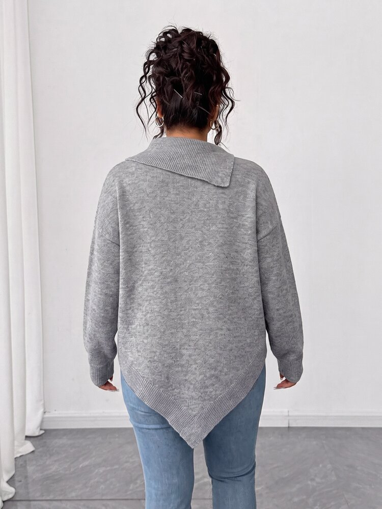 Elenzga Plus Size Gray Bowknot High Neck Sweater Women Asymmetrical Hem Loose Fit Flattering Slimming Lazy Knit Top Winter - Grey - View 2