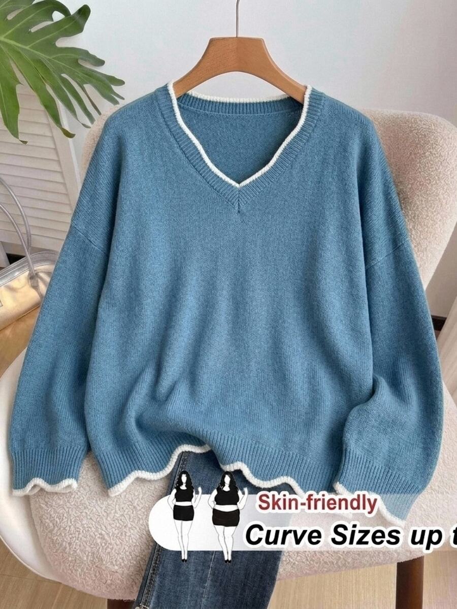 SHEIN CURVE+ Sweater Kasual Lengan Panjang Leher V Bahu Jatuh Warna Kontras untuk Wanita, - Biru - View 1