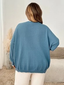 SHEIN CURVE+ Sweater Kasual Lengan Panjang Leher V Bahu Jatuh Warna Kontras untuk Wanita, - Biru - View 2