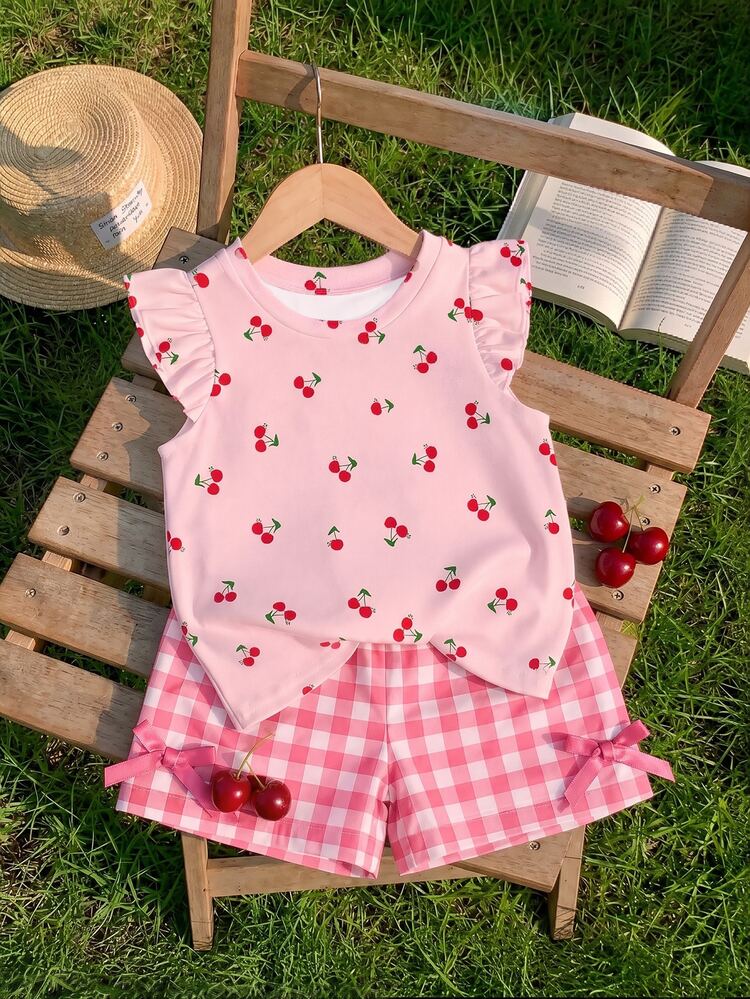 Kids Young Girl Young Girl Young Girl Young Girl Young Girl Casual Fashion Cute Cap Sleeve Round Neck Top Suita - Multicolor - View 1