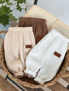 SHEIN 3件組男嬰幼兒哈倫運動長褲 可愛學院風 白色米色棕色 皺紋紋理拼接彈性收口 常規款 生日派對 秋季節日穿搭 - 彩色 - 查看 7