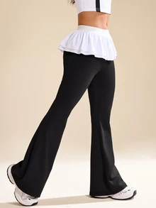 CourtClass CourtClass Women's Patchwork Design Casual Fashion Flared Sports Trousers - Black and White - View 6