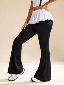 CourtClass CourtClass Women's Patchwork Design Casual Fashion Flared Sports Trousers - Black and White - View 8