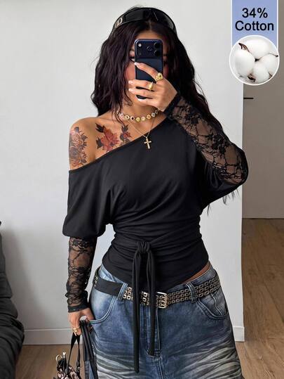 Coolane Women's Fall Winter Minimalist Sexy Y2K Daily Wear Casual Vintage Stretchy Asymmetrical Neck Lace