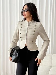SHEIN PETITE Stylish Khaki Napoleon-Style Coat With Metal Buttons For Petite Women-Perfect For Commuting. - Khaki - View 11