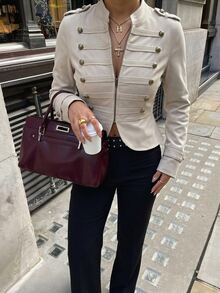 SHEIN PETITE Stylish Khaki Napoleon-Style Coat With Metal Buttons For Petite Women-Perfect For Commuting. - Khaki - View 5