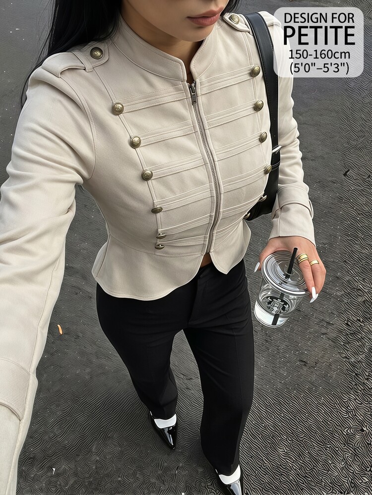 SHEIN PETITE Stylish Khaki Napoleon-Style Coat With Metal Buttons For Petite Women-Perfect For Commuting. - Khaki - View 4