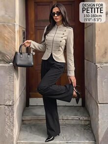 SHEIN PETITE Stylish Khaki Napoleon-Style Coat With Metal Buttons For Petite Women-Perfect For Commuting. - Khaki - View 1