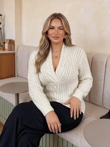 Auralis French Style Deep V-Neck Vertical Ribbed Cable Knit Top, Soft Skin-Friendly Slimming Ribbed Pullover Sweater Winter - Apricot - View 3