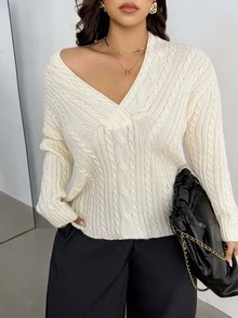 Auralis French Style Deep V-Neck Vertical Ribbed Cable Knit Top, Soft Skin-Friendly Slimming Ribbed Pullover Sweater Winter - Apricot - View 4