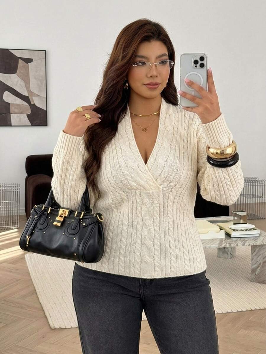 Auralis French Style Deep V-Neck Vertical Ribbed Cable Knit Top, Soft Skin-Friendly Slimming Ribbed Pullover Sweater Winter