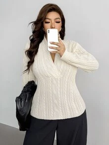 Auralis French Style Deep V-Neck Vertical Ribbed Cable Knit Top, Soft Skin-Friendly Slimming Ribbed Pullover Sweater Winter - Apricot - View 8