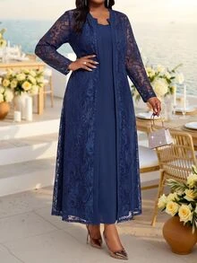 Fleurora Plus Size Women Solid Color Spaghetti Strap Dress And Lace Cardigan Fashion 2 Pieces Set Fall/Winter Dress Wedding Guest Dress New Year Dress - Navy Blue - View 4