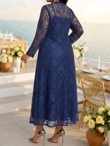 Fleurora Plus Size Women Solid Color Spaghetti Strap Dress And Lace Cardigan Fashion 2 Pieces Set Fall/Winter Dress Wedding Guest Dress New Year Dress - Navy Blue - View 3