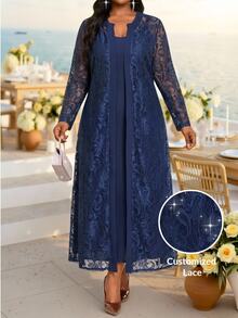 Fleurora Plus Size Women Solid Color Spaghetti Strap Dress And Lace Cardigan Fashion 2 Pieces Set Fall/Winter Dress Wedding Guest Dress New Year Dress - Navy Blue - View 1