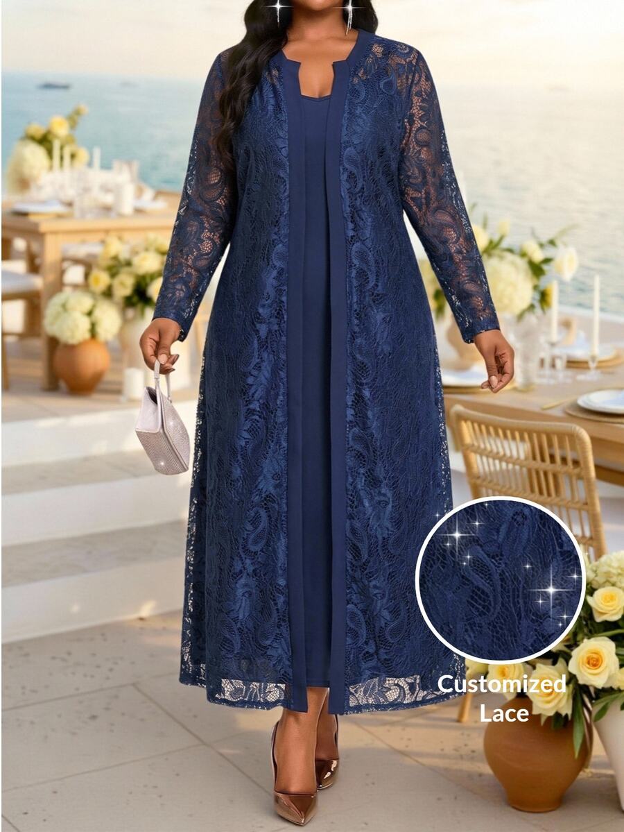 Fleurora Plus Size Women Solid Color Spaghetti Strap Dress And Lace Cardigan Fashion 2 Pieces Set Fall/Winter Dress Wedding Guest Dress New Year Dress - Navy Blue - View 1