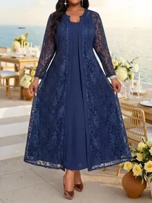 Fleurora Plus Size Women Solid Color Spaghetti Strap Dress And Lace Cardigan Fashion 2 Pieces Set Fall/Winter Dress Wedding Guest Dress New Year Dress - Navy Blue - View 2