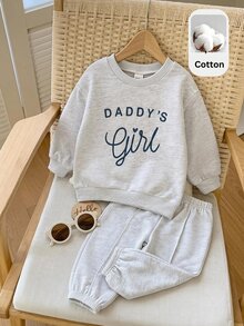 SHEIN Baby Girl Baby Girl Basic Patchwork Round Neck Long Sleeve Pullover & Pants Set - Multicolor - View 1