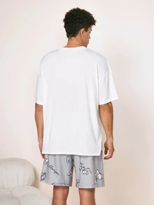 TOM & JERRY X SHEIN Men's Cartoon Print Top & Shorts Loungewear Set - White - View 2