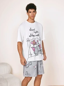 TOM & JERRY X SHEIN Men's Cartoon Print Top & Shorts Loungewear Set - White - View 3