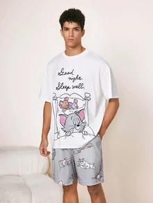 TOM & JERRY X SHEIN Men's Cartoon Print Top & Shorts Loungewear Set - White - View 5