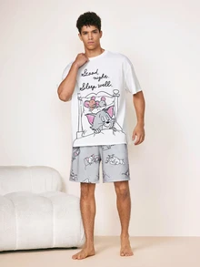 TOM & JERRY X SHEIN Men's Cartoon Print Top & Shorts Loungewear Set - White - View 4