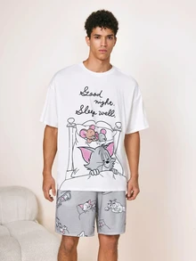 TOM & JERRY X SHEIN Men's Cartoon Print Top & Shorts Loungewear Set - White - View 1