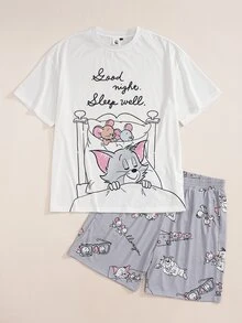 TOM & JERRY X SHEIN Men's Cartoon Print Top & Shorts Loungewear Set - White - View 6