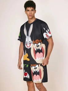 LOONEY TUNES X SHEIN Men's Casual Cartoon Print Short Sleeve T-Shirt And Drawstring Waist Shorts Set, Summer Daily Commute - Black - View 4