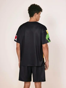 LOONEY TUNES X SHEIN Men's Casual Cartoon Print Short Sleeve T-Shirt And Drawstring Waist Shorts Set, Summer Daily Commute - Black - View 2