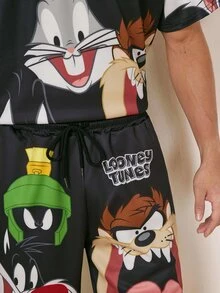 LOONEY TUNES X SHEIN Men's Casual Cartoon Print Short Sleeve T-Shirt And Drawstring Waist Shorts Set, Summer Daily Commute - Black - View 5