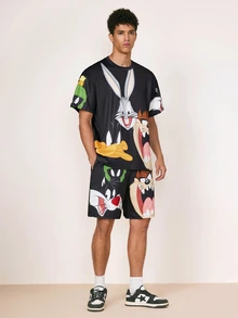 LOONEY TUNES X SHEIN Men's Casual Cartoon Print Short Sleeve T-Shirt And Drawstring Waist Shorts Set, Summer Daily Commute - Black - View 3
