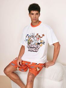 LOONEY TUNES X SHEIN Men's Cartoon Print Crew Neck Short Sleeve Top And Shorts Loungewear Set - Red and White - View 1