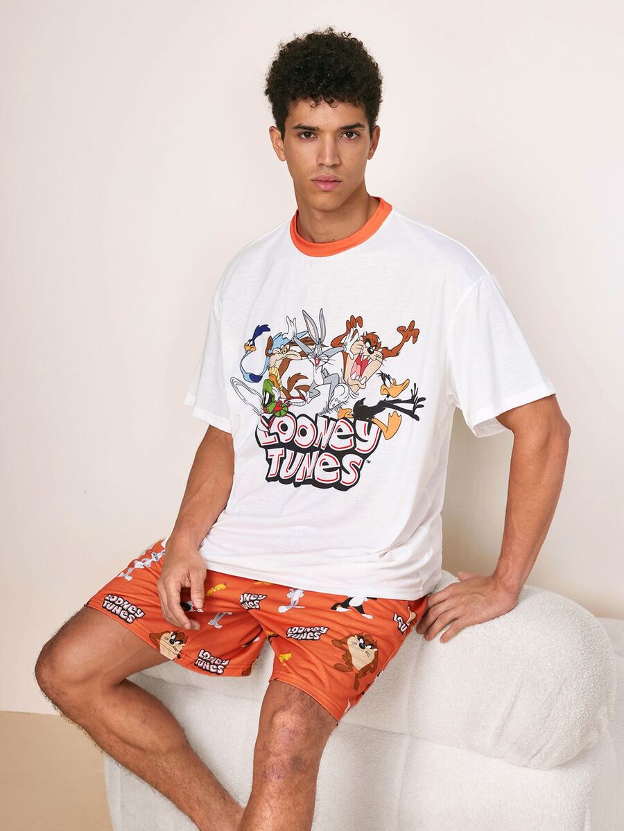 LOONEY TUNES X SHEIN Men's Cartoon Print Crew Neck Short Sleeve Top And Shorts Loungewear Set - Red and White - View 1