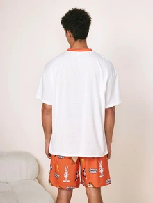LOONEY TUNES X SHEIN Men's Cartoon Print Crew Neck Short Sleeve Top And Shorts Loungewear Set - Red and White - View 2