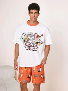 LOONEY TUNES X SHEIN Men's Cartoon Print Crew Neck Short Sleeve Top And Shorts Loungewear Set - Red and White - View 4