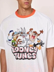 LOONEY TUNES X SHEIN Men's Cartoon Print Crew Neck Short Sleeve Top And Shorts Loungewear Set - Red and White - View 5