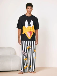 LOONEY TUNES X SHEIN Men's Cartoon Print Round Neck Short Sleeve Top And Striped Print Pants Casual Pajama Set - Black - View 3